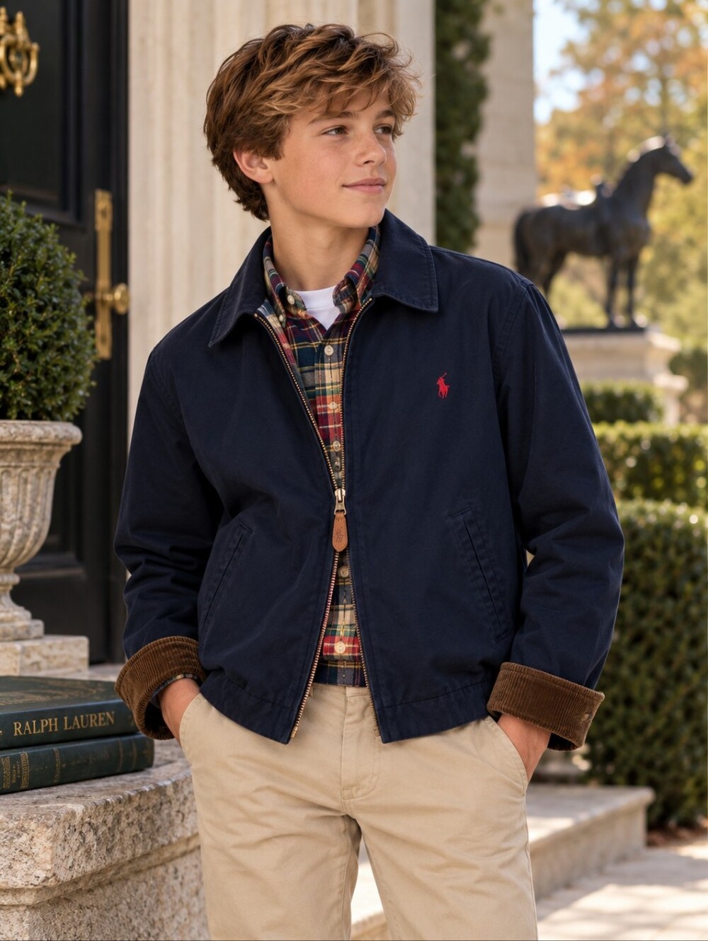 Vintage Polo Ralph Lauren Boys M 12/14 Harrington Jacket Navy Y2K Corduroy Trim